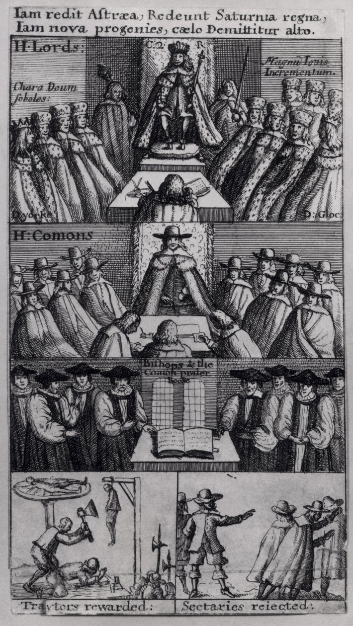 König Karl II. (1630-85) mit den Häusern des Parlaments, 1660 von English School