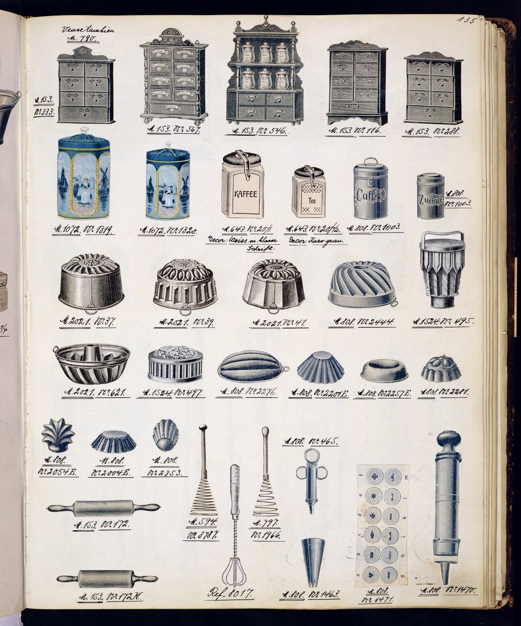 Küchenlager und Utensilien aus einem Handelskatolog für Haushaltswaren und Einrichtungsgegenstände, ca. 1890-1910 von English School