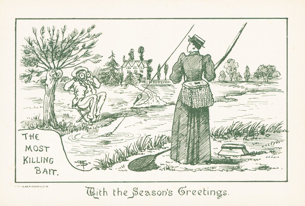 Dame beim Angeln, beobachtet von einem Gentleman, Weihnachtskarte (Chromolitho) von English School