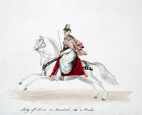 Dame von Lima zu Pferd in einem Poncho von English School
