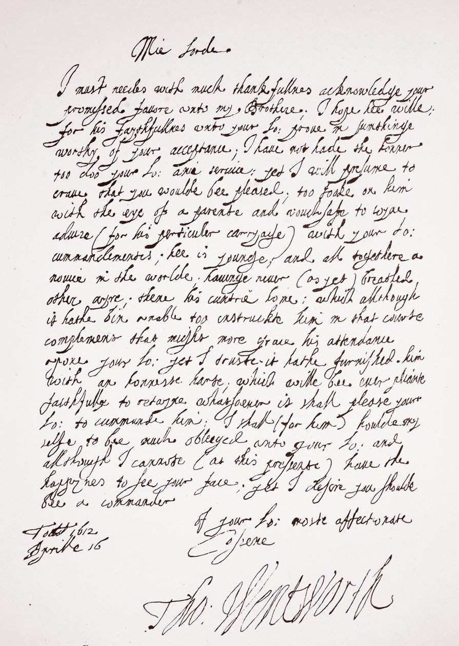 Brief von Thomas Wentworth, 16. April 1612 von English School