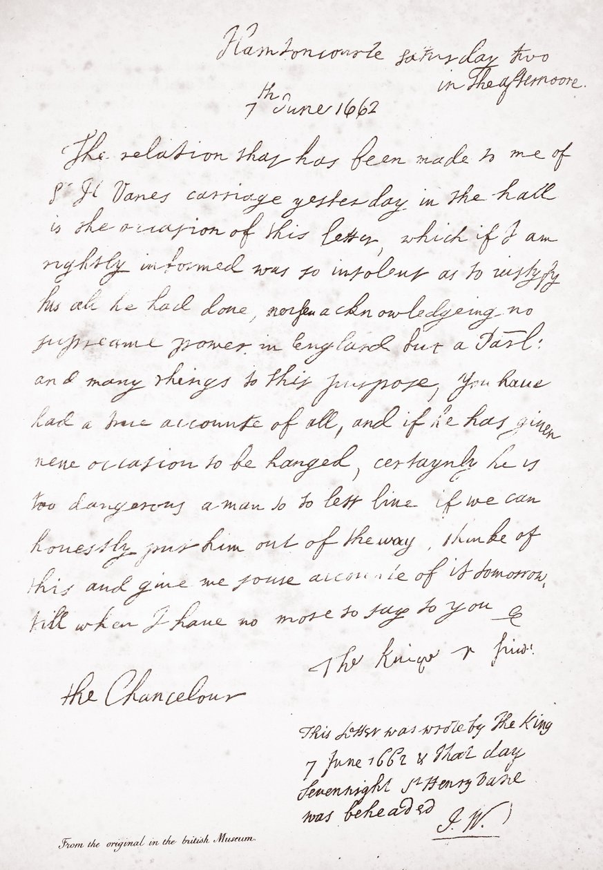 Brief von Charles II. an den Kanzler Lord Clarendon, 7. Juni 1662 von English School