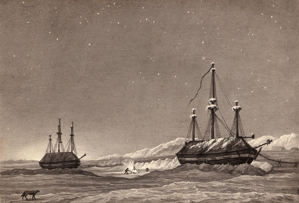 Leutnant William Parrys erste Reise: H.M.S. Hecla und H.M.S. Griper im Winterhafen, ca. 1819 von English School