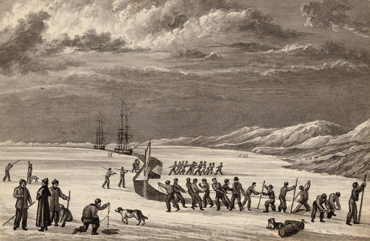 Leutnant William Parrys erste Reise: Die Besatzungen der H.M.S. Hecla und H.M.S. Griper schneiden in den Winterhafen, ca. 1819 von English School