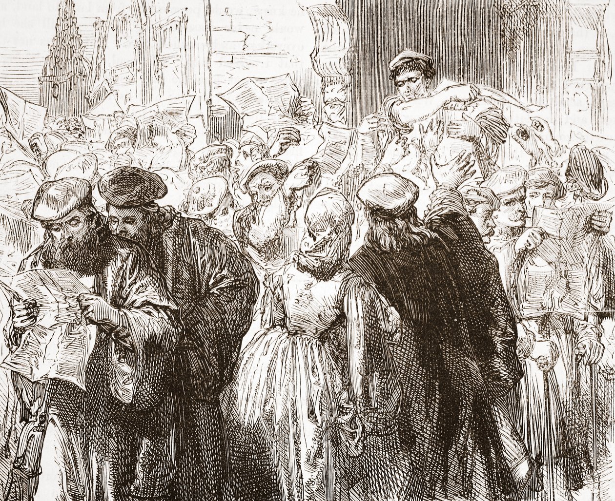 Luthers Flugschrift: Szene in der Druckerei, Illustration aus Die Geschichte des Protestantismus von James Aitken Wylie, veröffentlicht 1878 von English School
