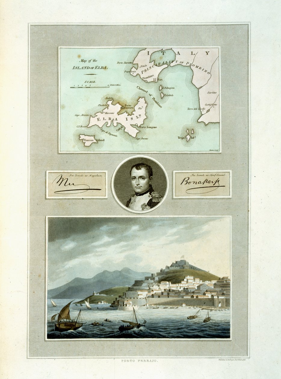Karte von Elba und Ansicht von Porto Ferraio mit Porträt von Napoleon und Faksimile seiner Unterschrift, 1815 von English School