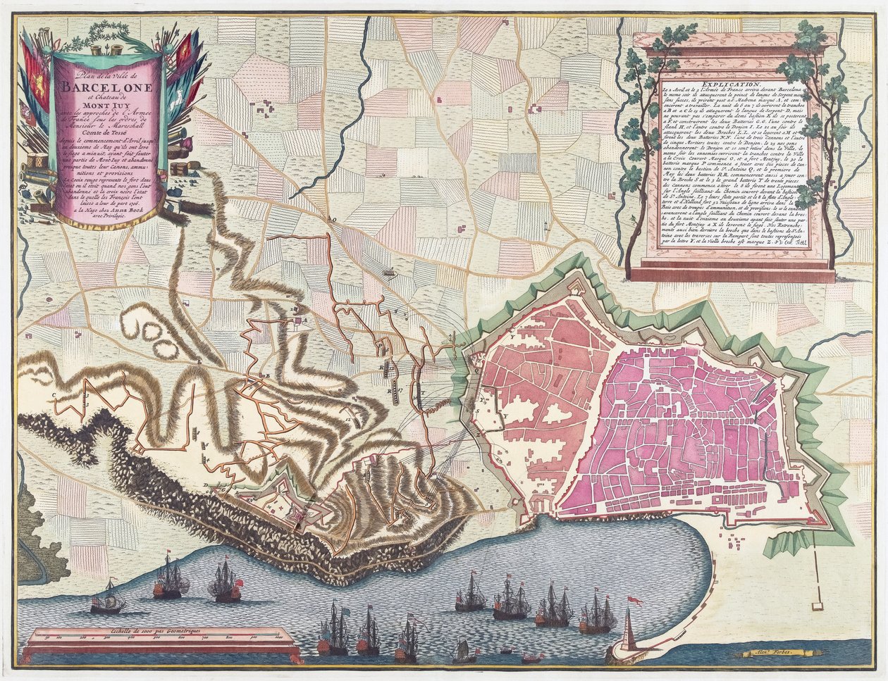 Karte der Belagerung von Barcelona im April 1706 (Farblithographie) von English School