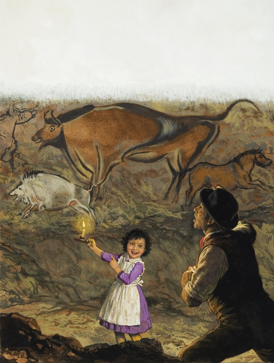 Marcelino Sanz de Sautuola (1831-88) und seine Tochter Maria entdecken die Höhlenmalereien von Altamira von English School