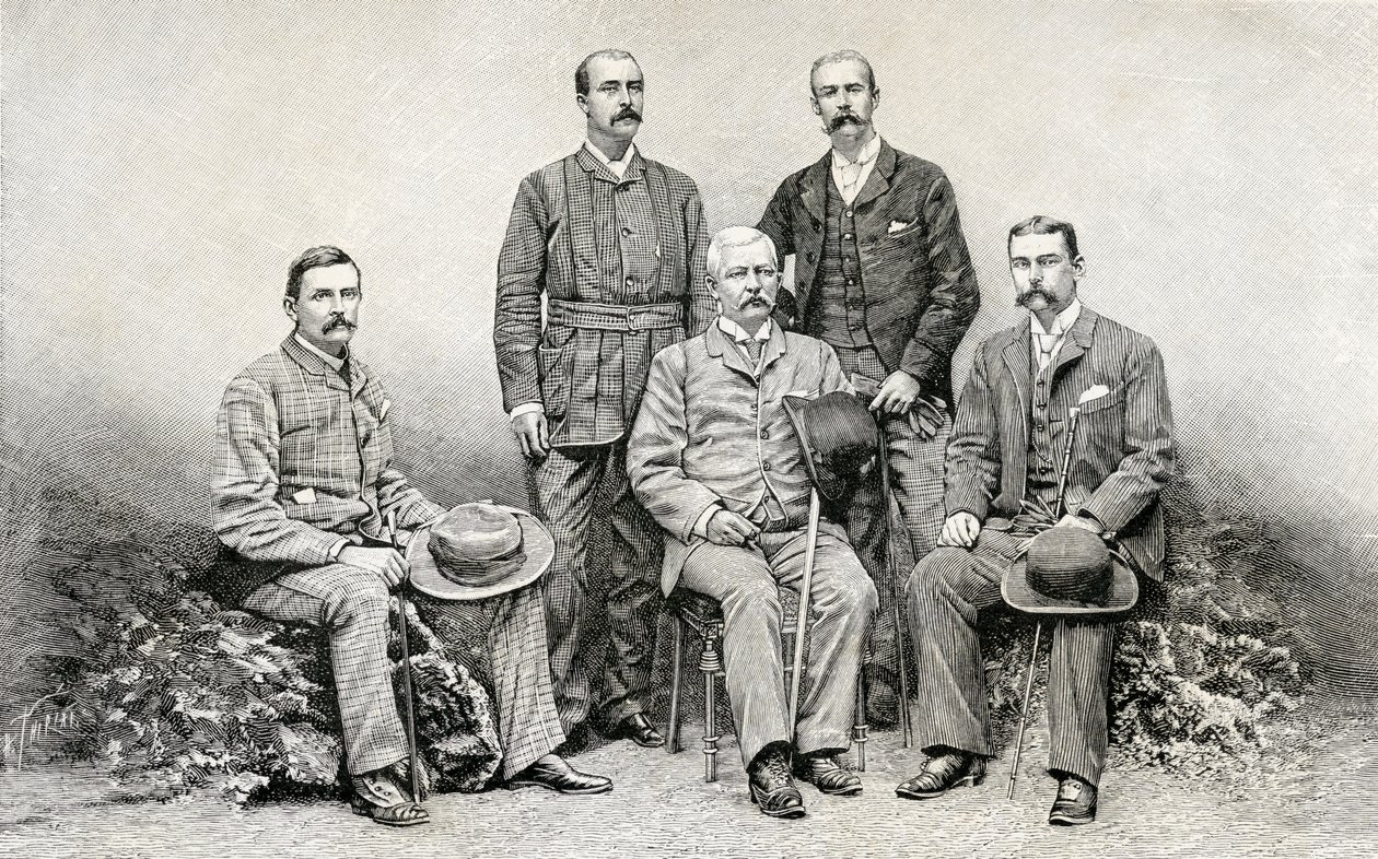 Mitglieder der Emin-Pascha-Entsatzexpedition von Sir Henry Morton Stanley, 1890 (Holzstich) von English School