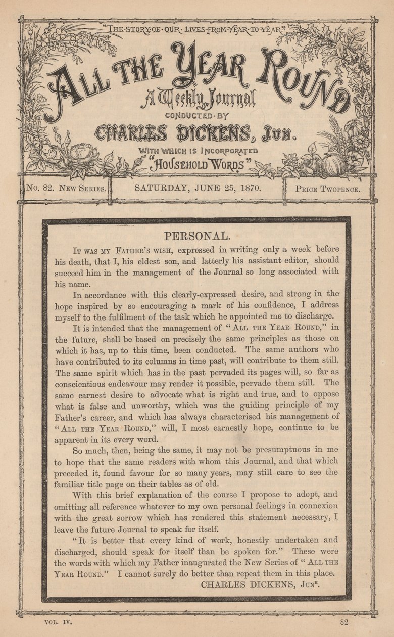 Nachricht von Charles Dickens Junior im Wochenjournal All The Year Round, nach dem Tod seines Vaters von English School