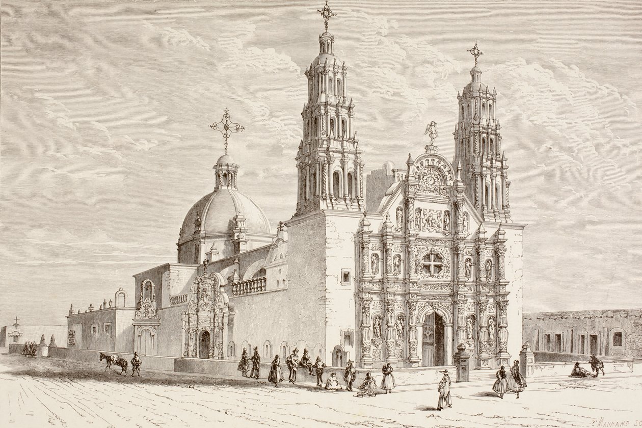 Metropolitankathedrale auf der Plaza de Armas, Chihuahua, Mexiko im neunzehnten Jahrhundert (Litho) von English School