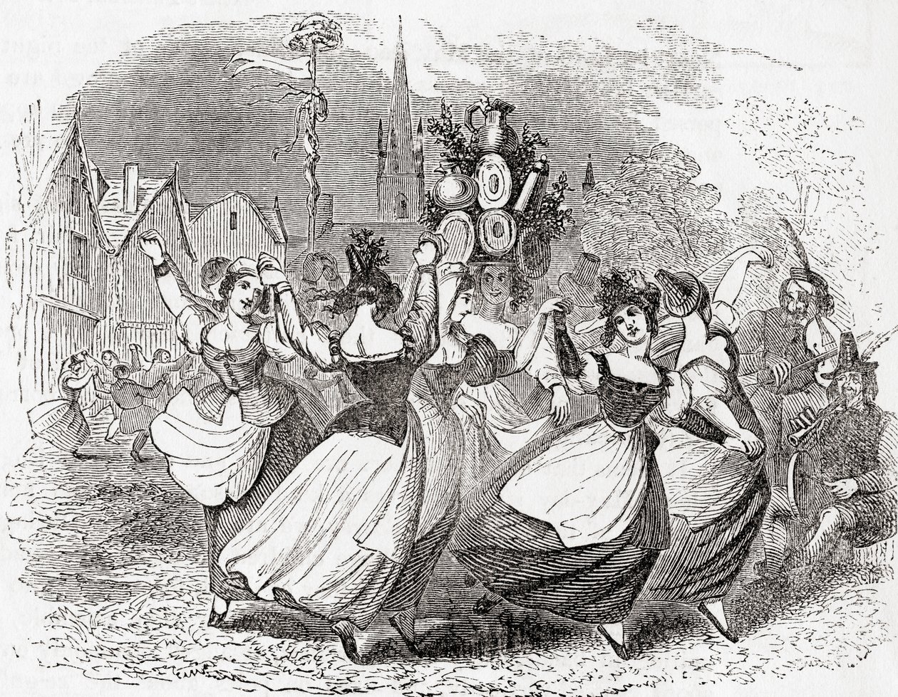 Tanz der Milchmädchen, mit einem Stapel Teller, Maifeiertag, England, aus "Old England: A Pictorial Museum", veröffentlicht 1847 von English School
