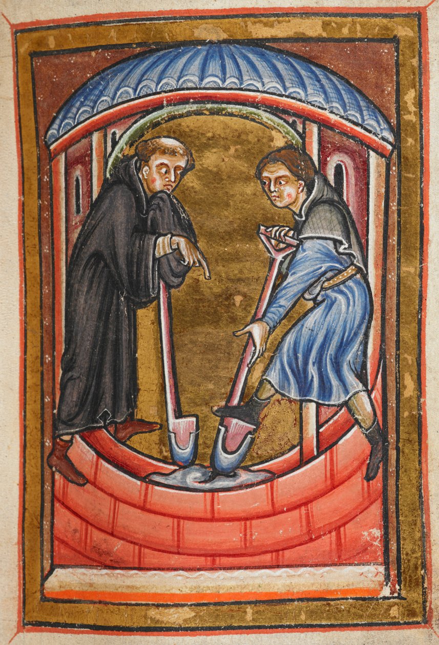 Miniatur von Cuthbert, der mit einem Mönch eine Wassergrube für seine Einsiedelei auf der Insel Farne gräbt, aus Kapitel 18 von Bedes Prosaleben des Heiligen Cuthbert. von English School