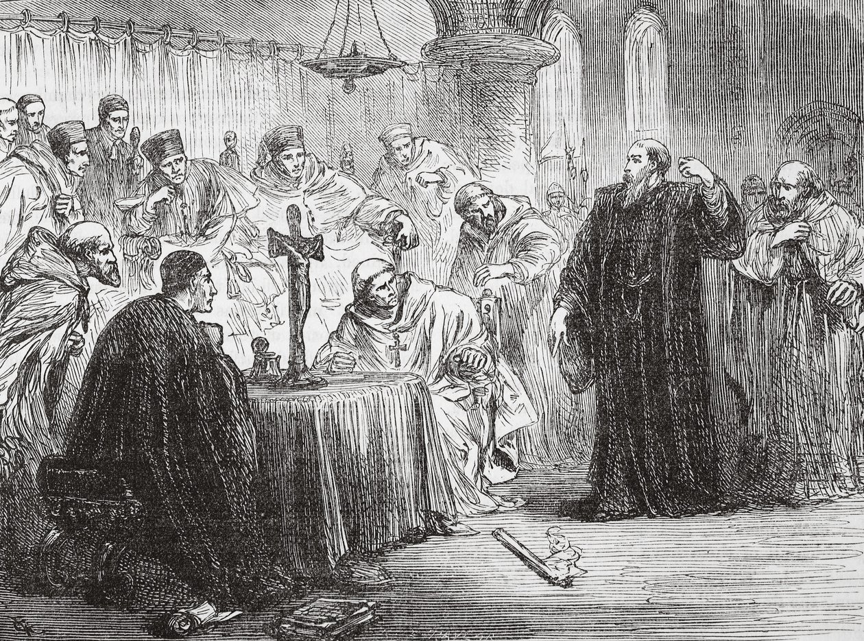 Mollio wirft seine Fackel vor der Inquisition nieder, Illustration aus Die Geschichte des Protestantismus von James Aitken Wylie, veröffentlicht 1878 von English School