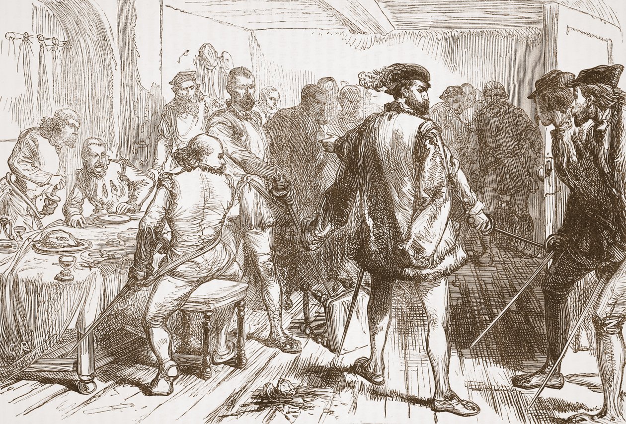 Mouchares Bande greift die Protestanten im Gasthaus im Faubourg St. Germain an, Illustration aus Die Geschichte des Protestantismus von James Aitken Wylie, veröffentlicht 1878 von English School
