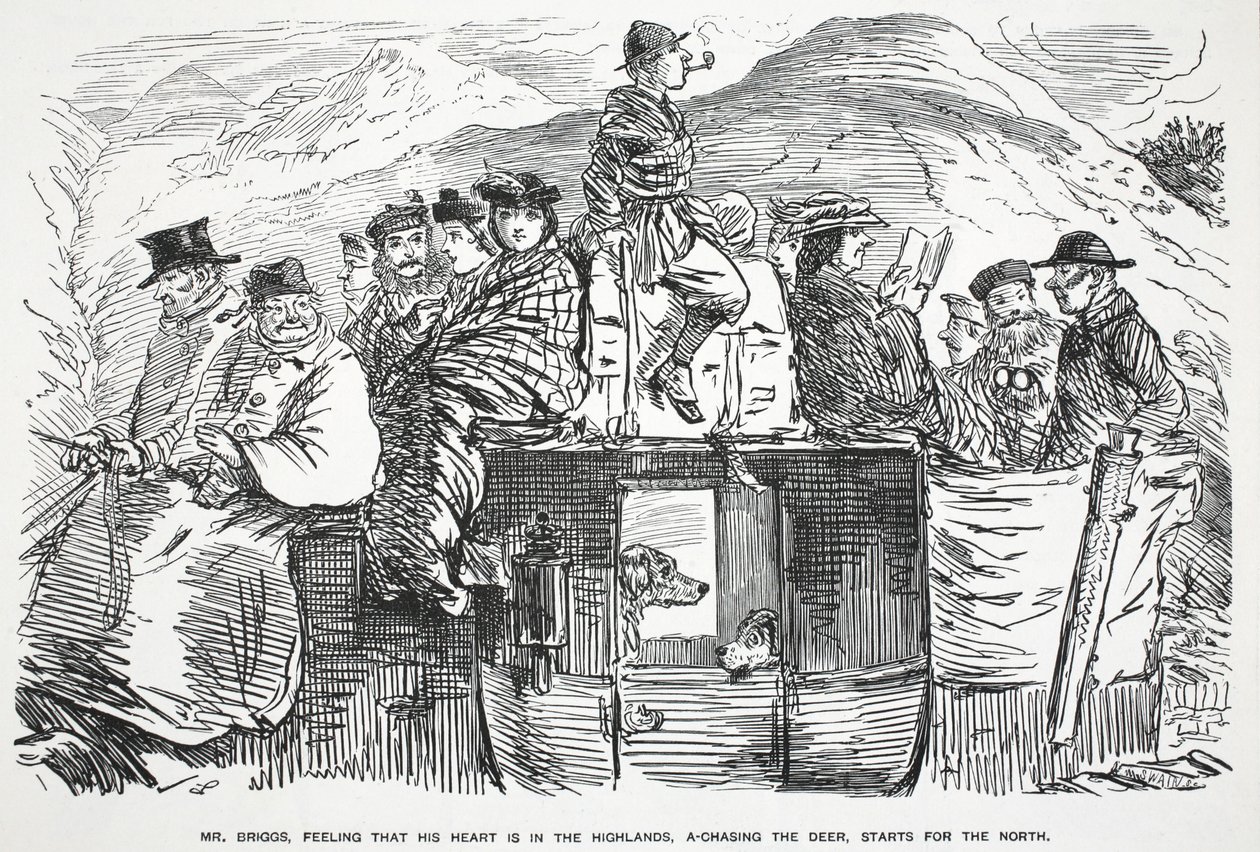 Mr. Briggs, der fühlt, dass sein Herz in den Highlands ist, auf der Jagd nach dem Hirsch, startet in den Norden, Illustration aus Punch von English School