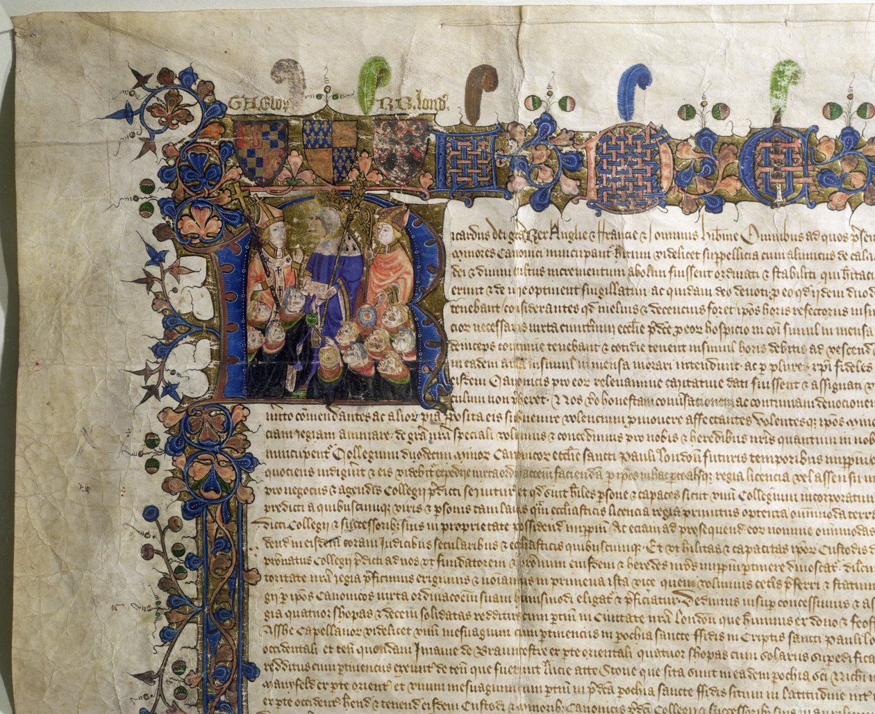 Historiierte Initiale R, die kleinere Kanoniker der St. Pauls Kathedrale darstellt (Detail) von English School