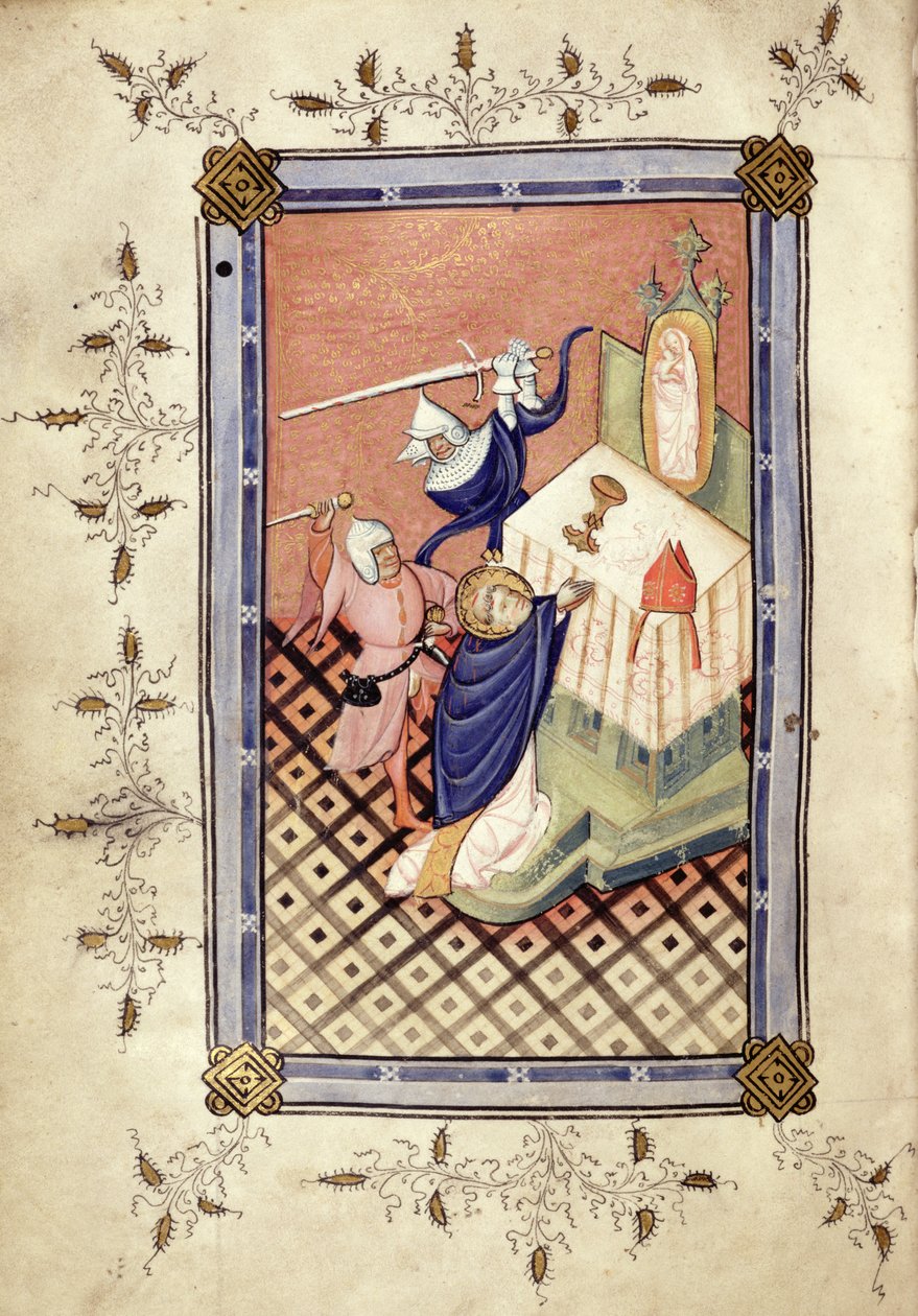 Ms.49 f.18v St. Thomas von Canterbury (ca. 1118-70) wird von zwei Rittern angegriffen, Horae, ca. 1420-30 von English School