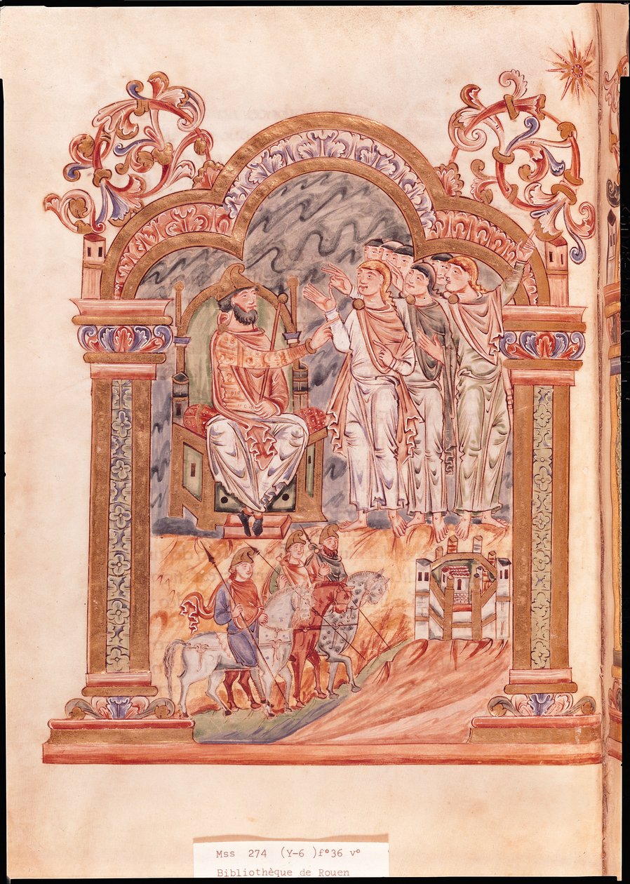 Ms 274 (Y-6) fol.36v Die Heiligen Drei Könige besuchen König Herodes, aus dem Messbuch von Robert von Jumieges, ca. 1016 von English School