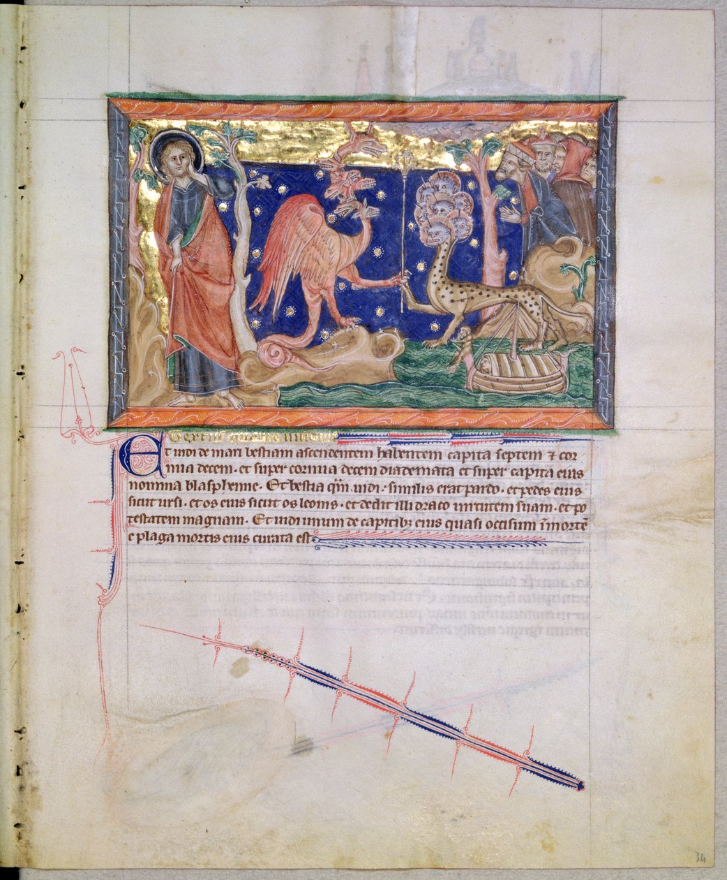 Der rote Drache übergibt seine Macht dem Tier aus dem Meer, aus der Gulbenkian-Apokalypse, ca. 1265-70 von English School
