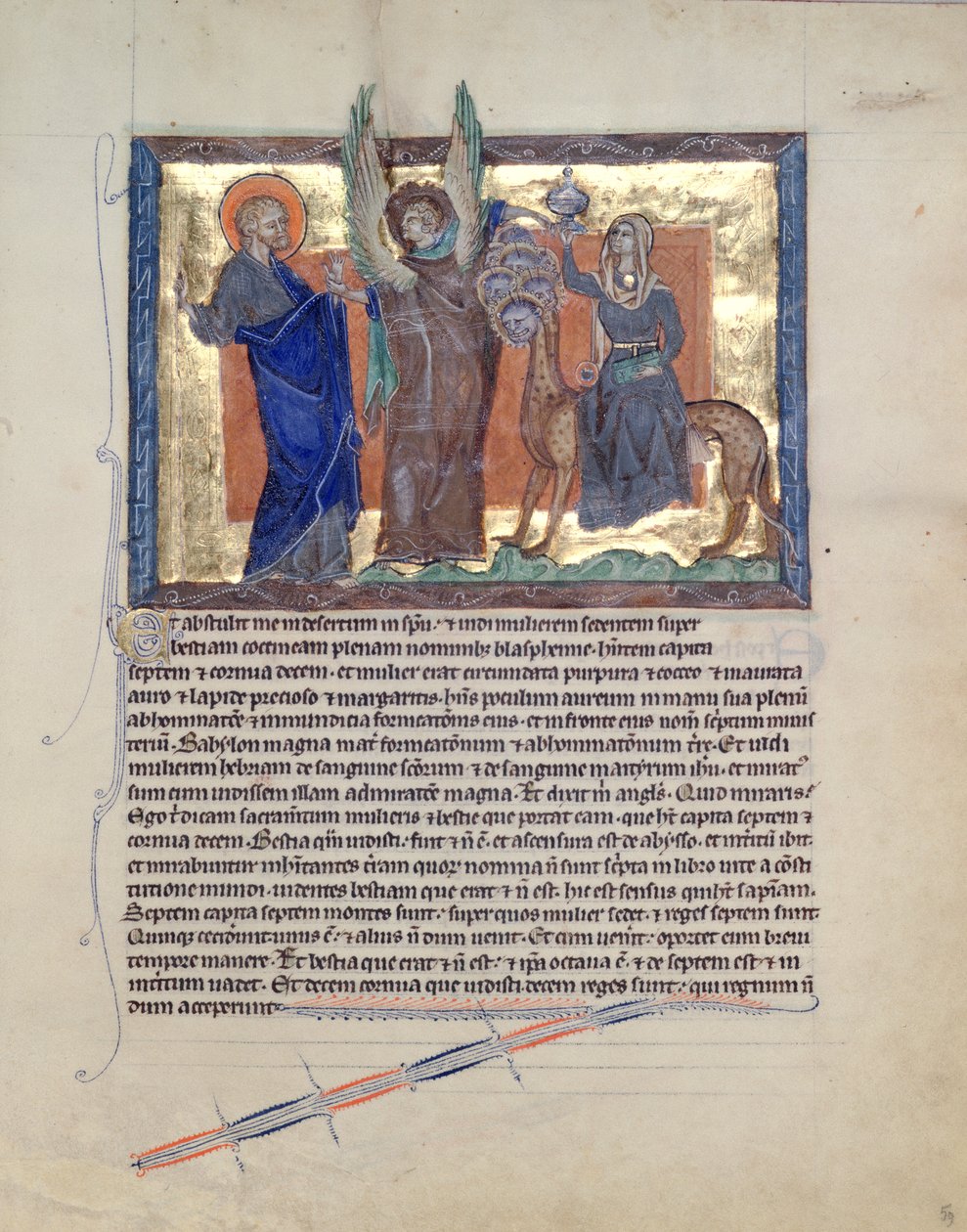 Ms L.A. 139-Lisboa fol.59 Ein Engel führt St. Johannes den Evangelisten zur Hure von Babylon, aus der Gulbenkian-Apokalypse, ca. 1265-70 von English School