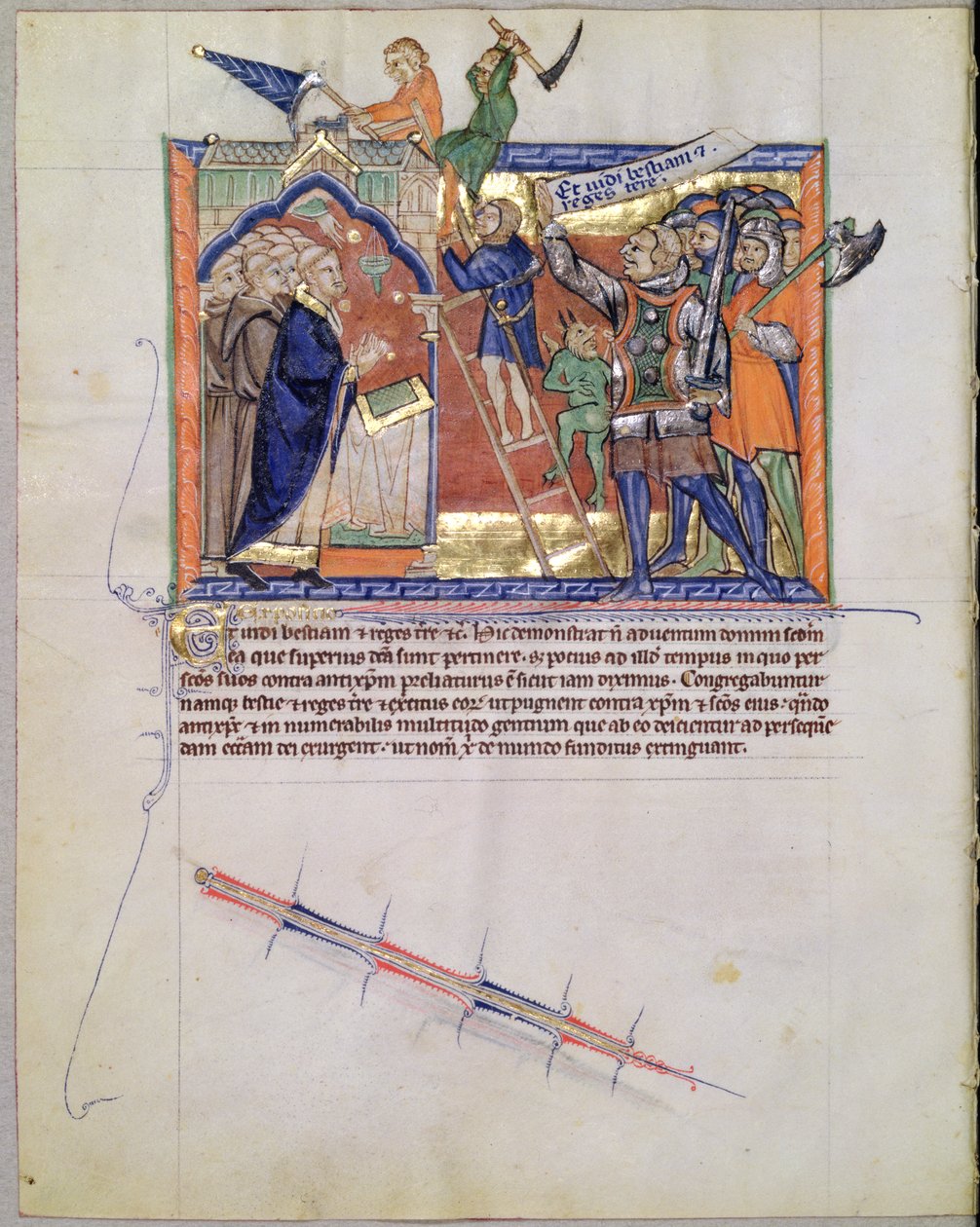 Der göttliche Krieger führt eine Armee gegen diejenigen, die die Gläubigen angreifen, aus der Gulbenkian-Apokalypse, ca. 1265-70 von English School