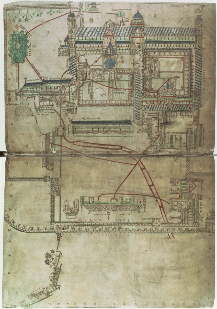 Plan der Kathedrale von Canterbury und das Rohrleitungssystem, aus dem 