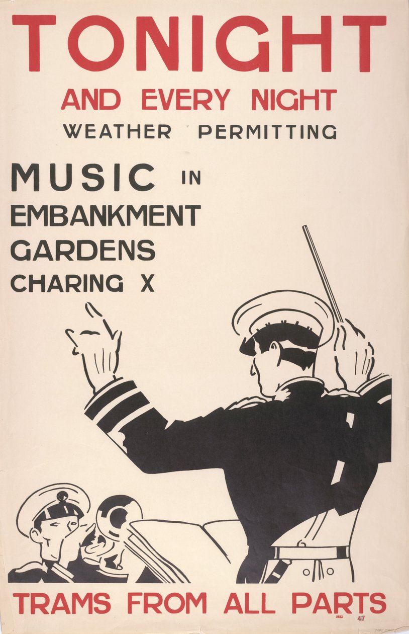 Musik in den Embankment Gardens, Charing Cross, Straßenbahnen aus allen Teilen von English School