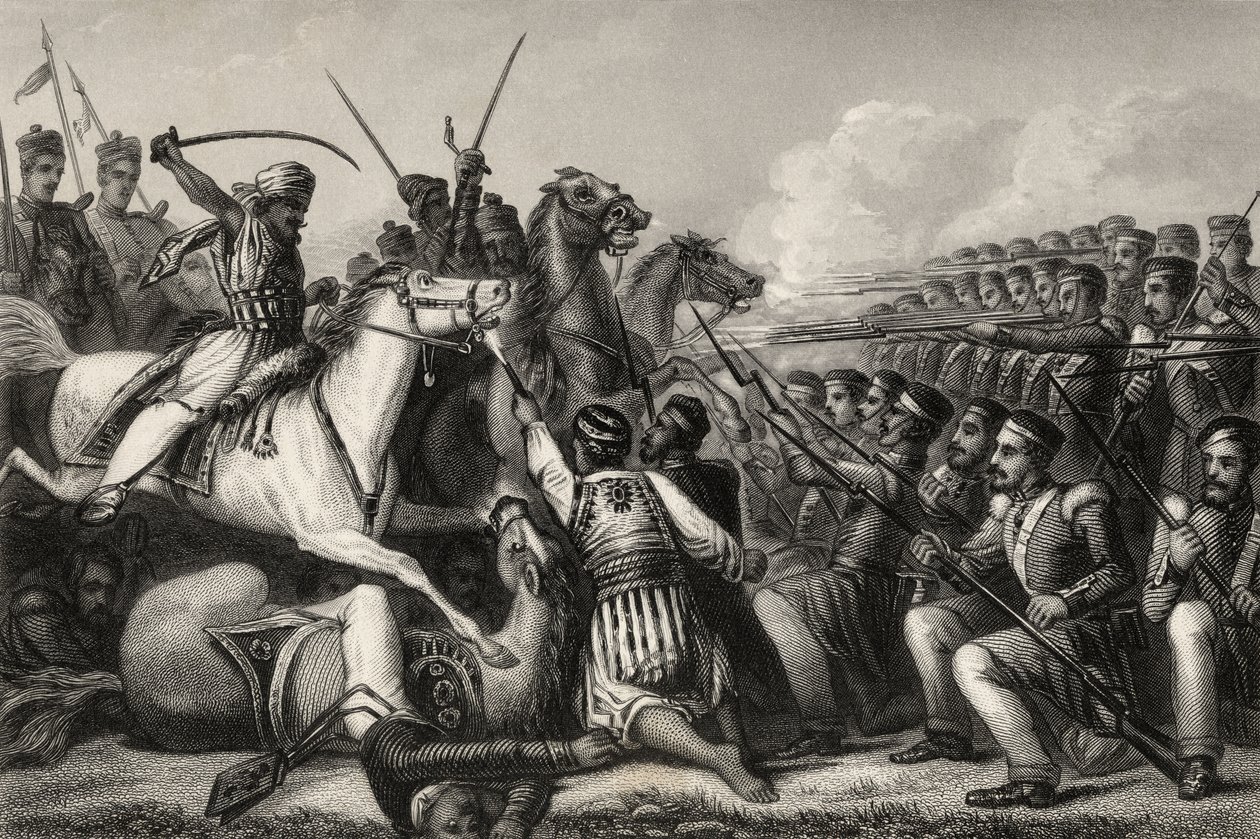 Meuternde Kavallerie greift ein Infanteriequadrat in der Schlacht von Cawnpore 1857 an, aus 