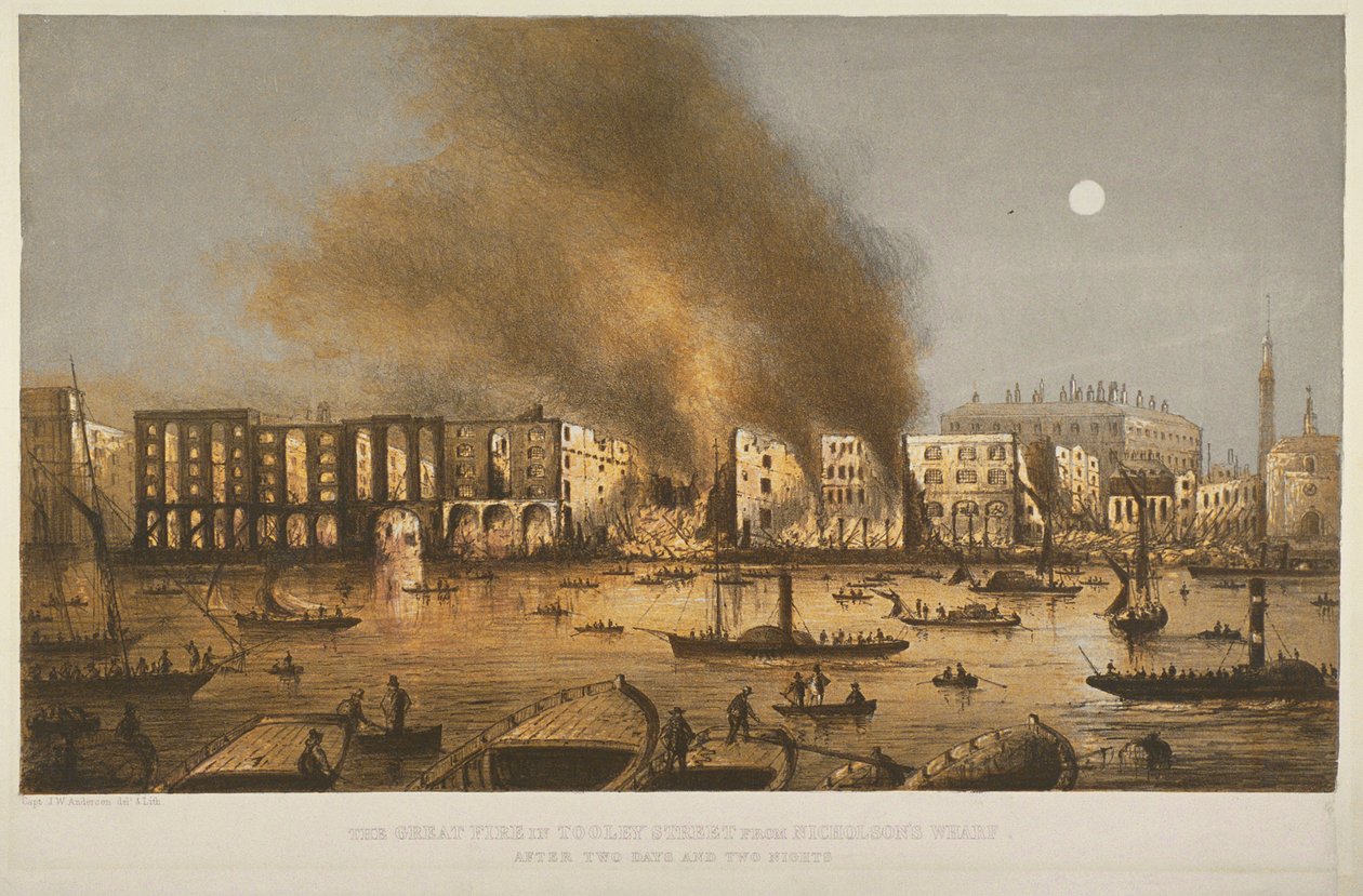 Nachtansicht des Brandes von 1861 in der Tooley Street, Bermondsey, 1861 von English School