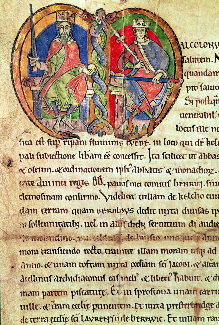 Seite aus der Charta der Kelso Abbey mit einer illuminierten Initiale, die König David I. und seinen Enkel Malcolm IV. darstellt, 1159 von English School