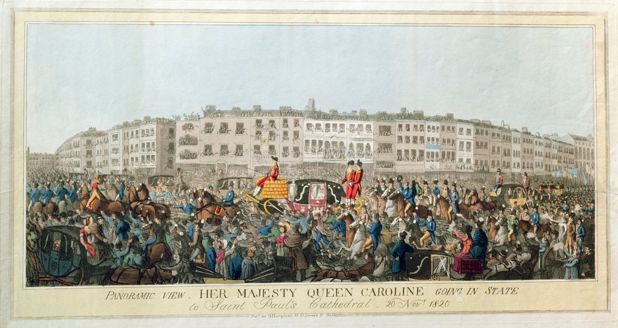 Panoramablick. Ihre Majestät Königin Caroline geht in Staatskleidung zur St. Pauls Kathedrale, 20. November 1820, veröffentlicht 1821 von English School