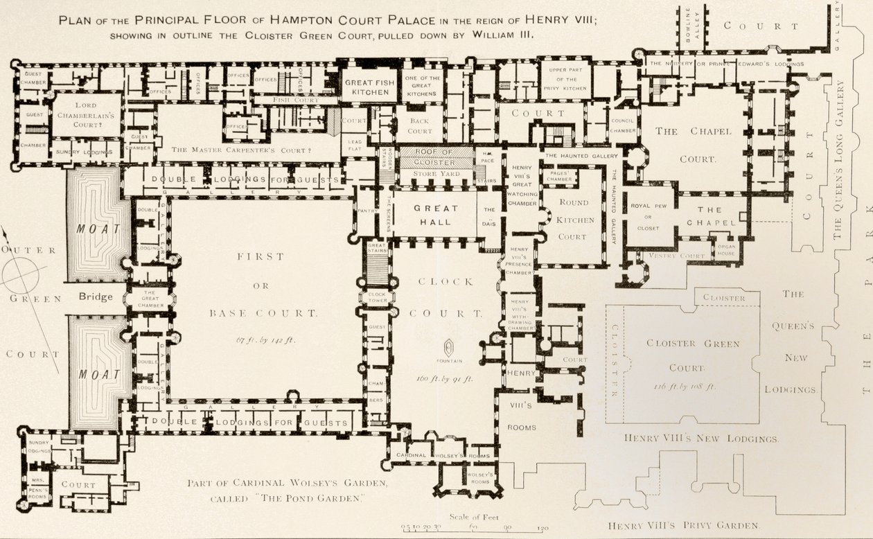 Plan des Hauptgeschosses des Hampton Court Palace während der Herrschaft von König Heinrich VIII., aus History of Hampton Court Palace in Tudor Times von Ernest Law, veröffentlicht in London 1885 von English School