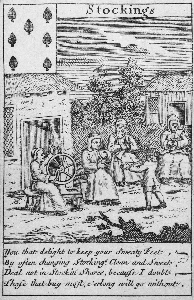 Spielkarte zeigt Arbeiter, die Strümpfe herstellen (Detail) von English School