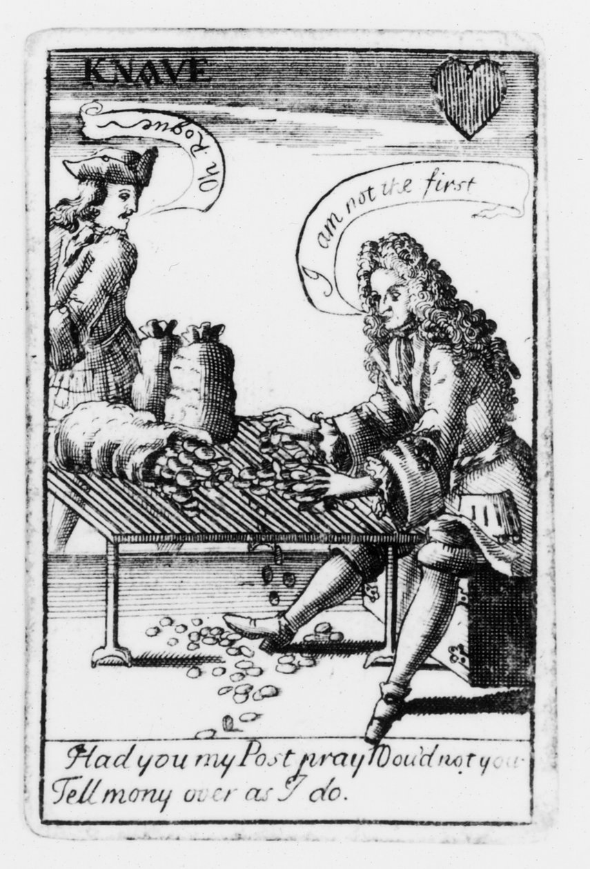 Spielkarten zur Erinnerung an den Spanischen Erbfolgekrieg, Herzfarbe, ca. 1707 (Detail) von English School