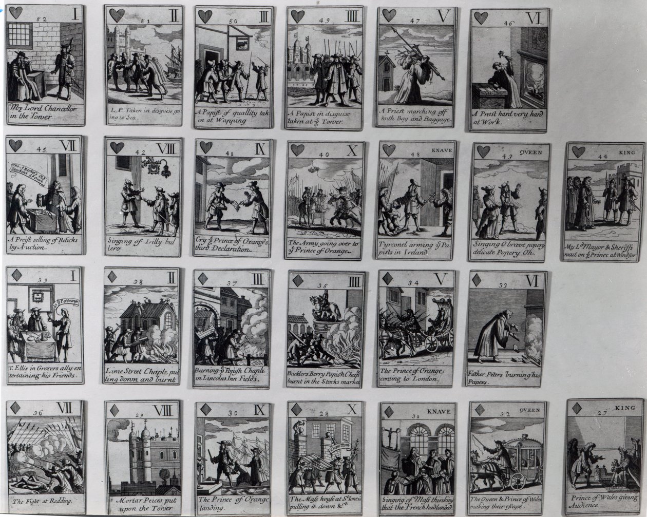 Spielkarten, die Episoden der Glorious Revolution von 1688-89 darstellen, ca. 1689 von English School