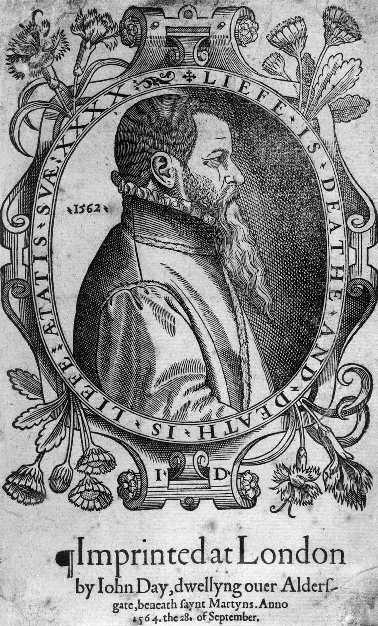 Porträt von John Day, Frontispiz zu Foxes Book of Martyrs, 1564 von English School