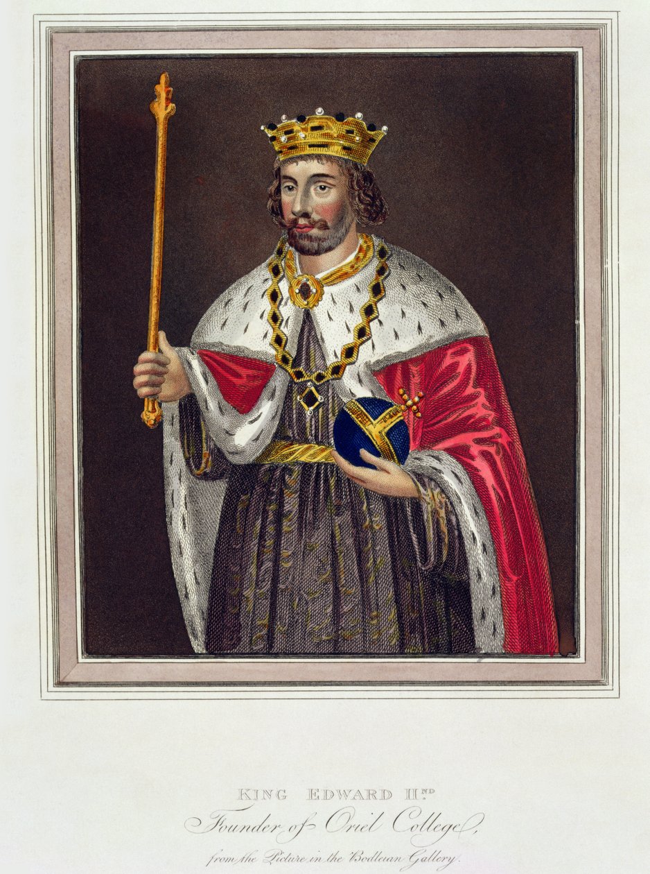 Porträt von König Edward II (1284-1327), Gründer des Oriel College, nach einem Gemälde in der Bodleian Library (Farbstich) von English School