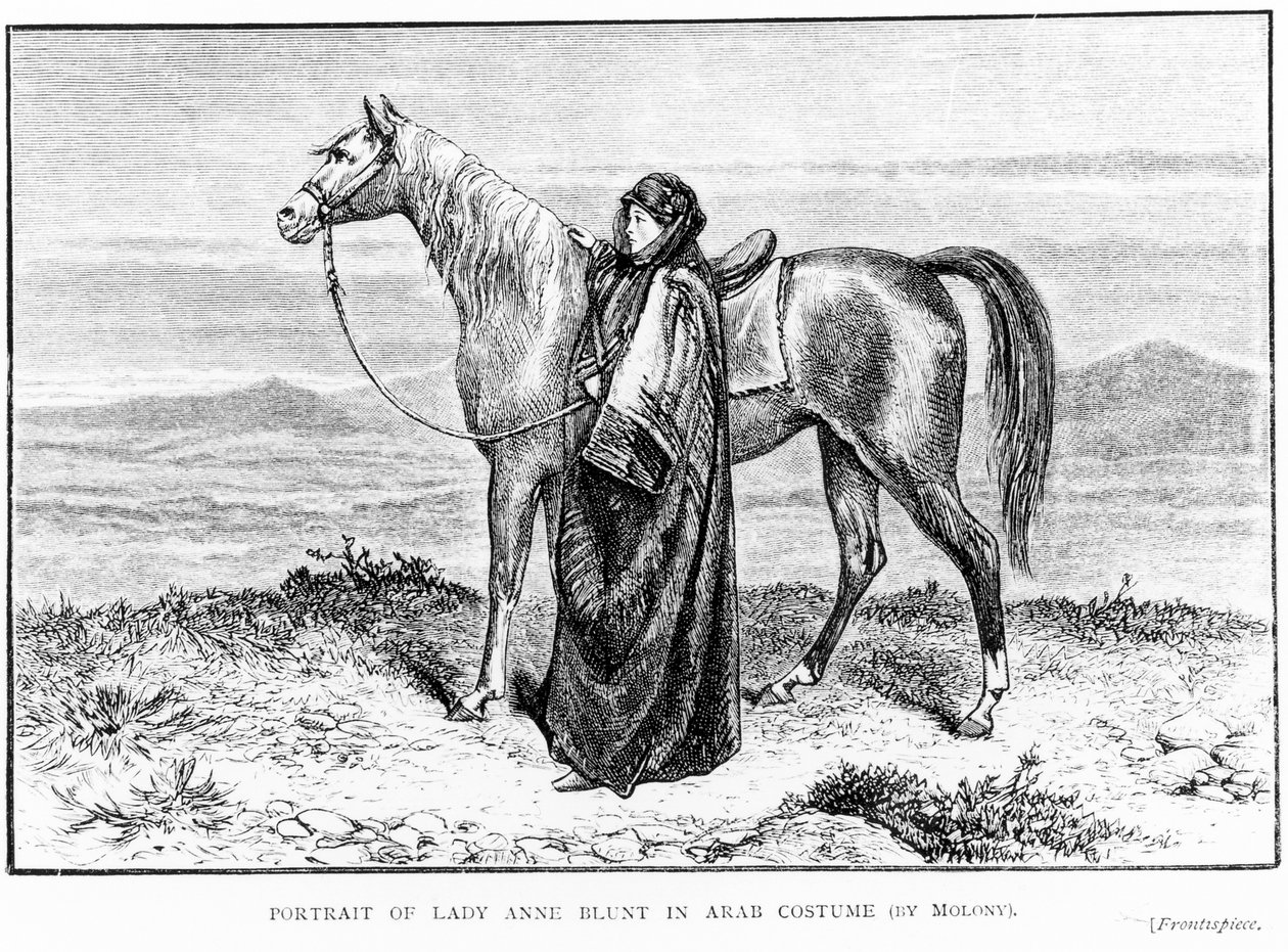 Porträt von Lady Anne Blunt in arabischer Tracht mit einem arabischen Pferd, Frontispiz zu ihrem Buch Eine Pilgerreise nach Nejd, veröffentlicht 1881 von English School