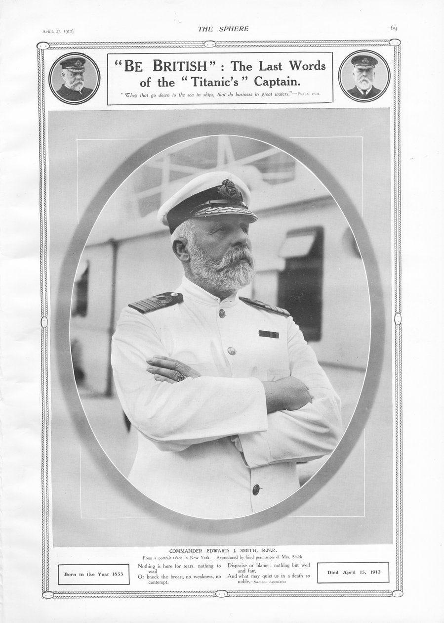 Porträt und Hommage an Kommandant Edward J. Smith, Kapitän des White Star Liners RMS Titanic, aus The Sphere, 27. April 1912 von English School