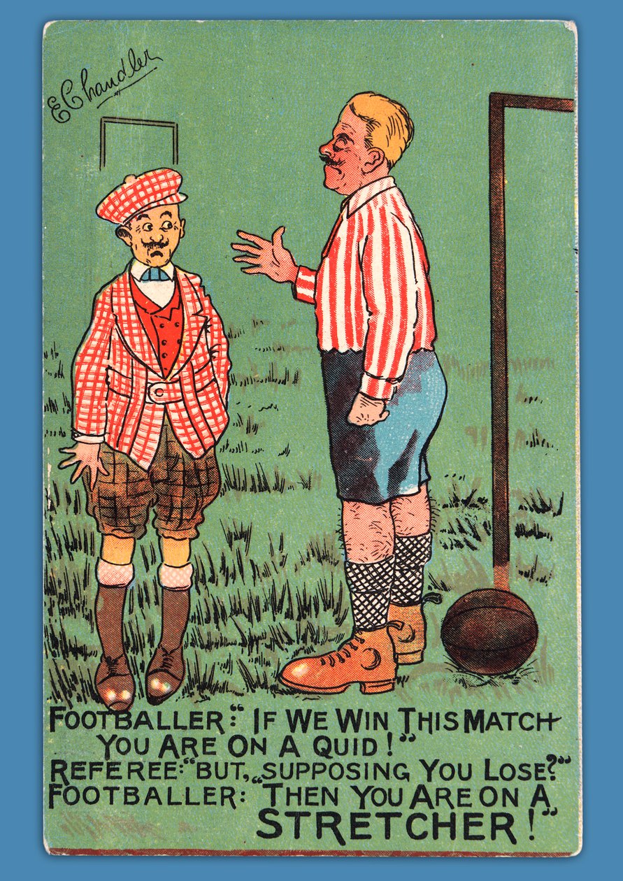 Postkarte mit einer Karikatur eines spanischen Fußballers von English School