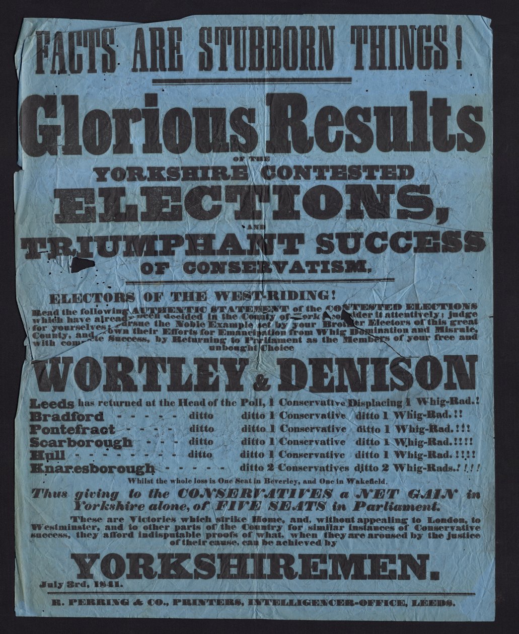 Plakat zur Feier des Sieges der konservativen Kandidaten bei den Parlamentswahlen in Yorkshire von English School