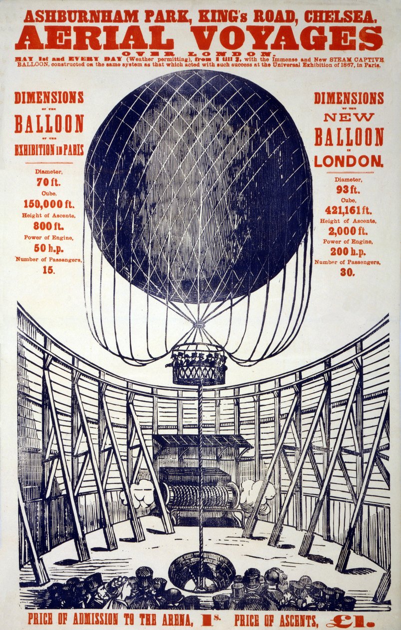 Poster zur Förderung von "Luftreisen über London", veröffentlicht 1867 (Farblithographie) von English School