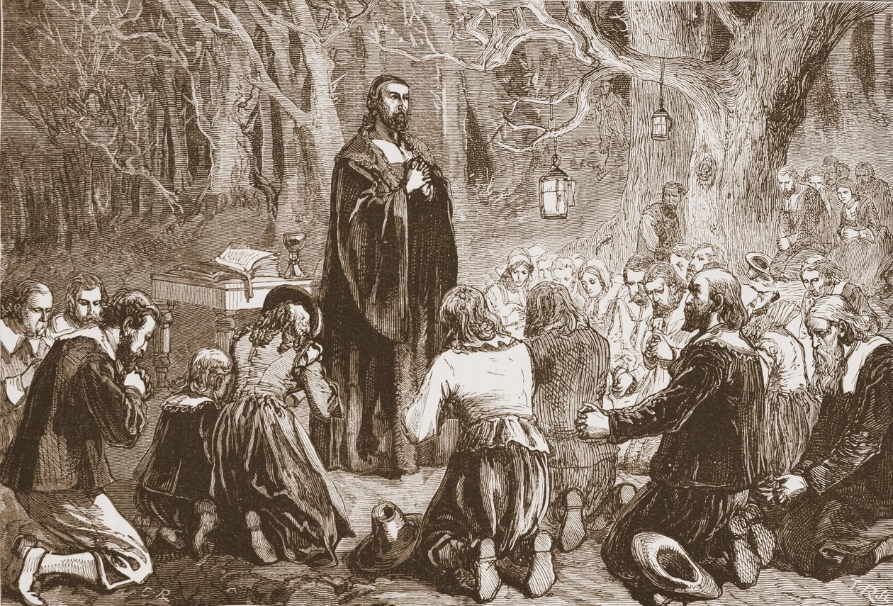 Protestantische Nachtanbetung in der Kirche der Wüste, Illustration aus The History of Protestantism von James Aitken Wylie, veröffentlicht 1878 von English School