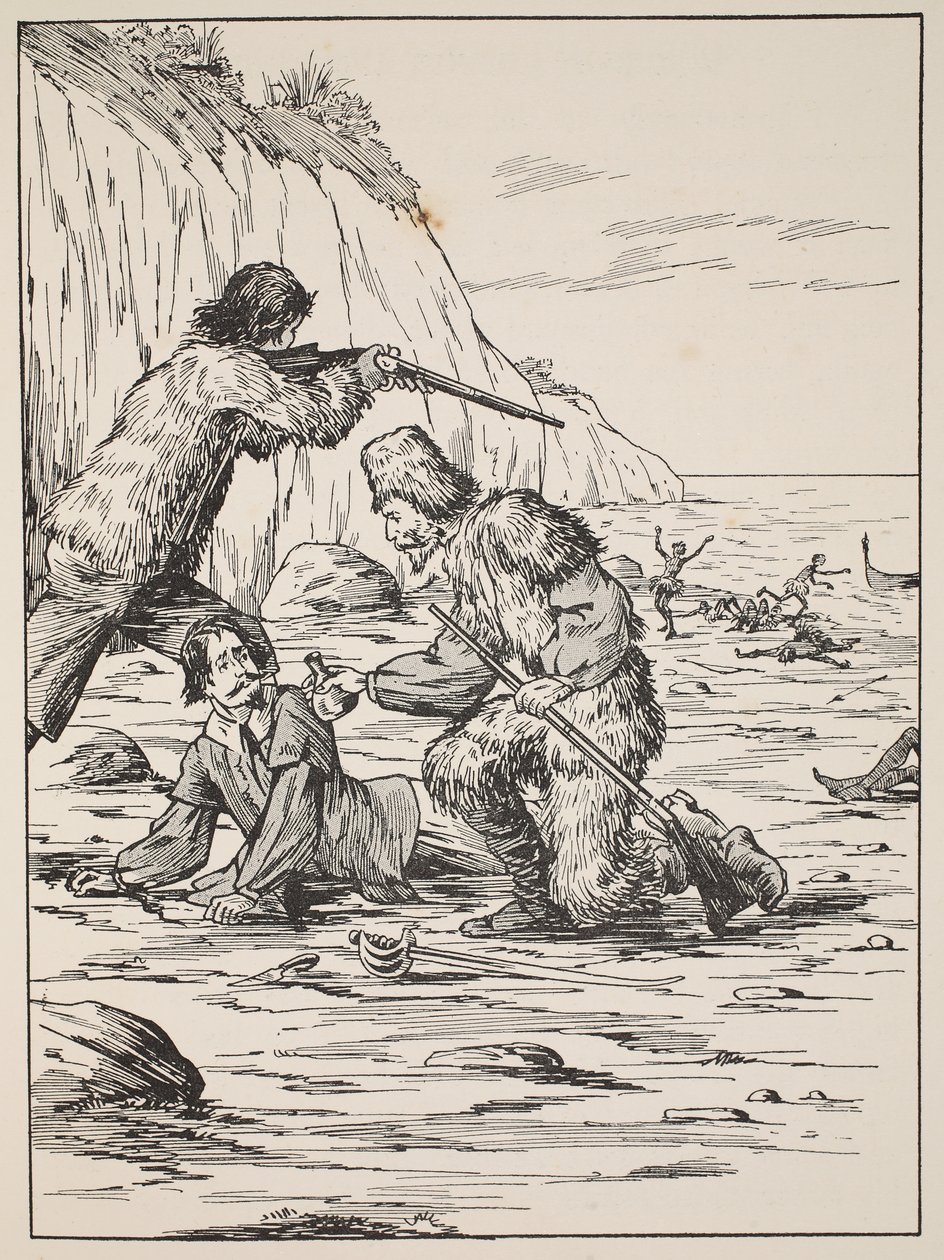 Robinson Crusoe und Freitag retten den Spanier, Illustration aus Die Geschichte von Robinson Crusoe: Eine Adaption für Kinder nach Defoes Sprache, veröffentlicht von Griffith Farran Browne & Co. Limited, London von English School
