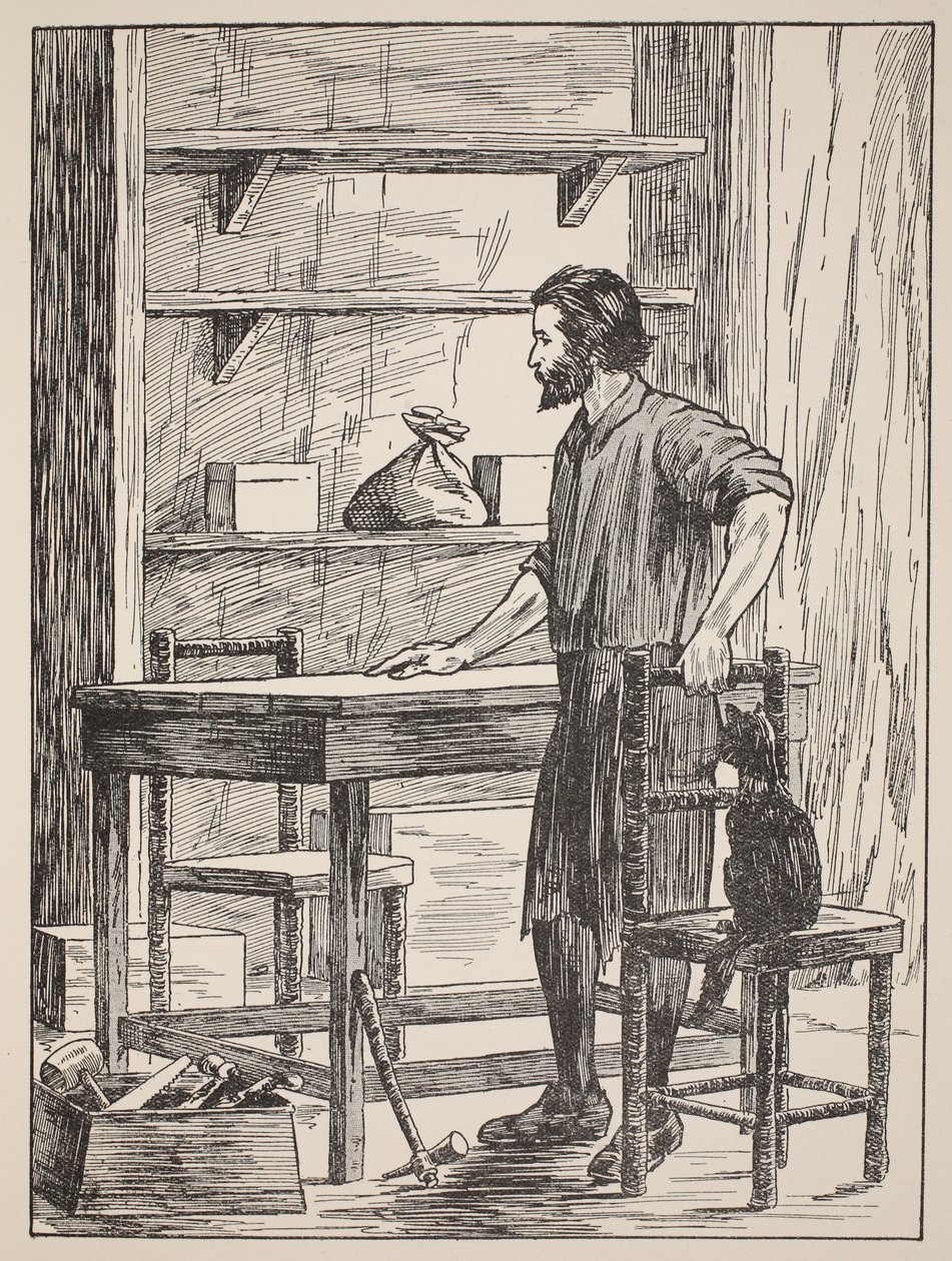 Robinson Crusoe baut Tisch und Stühle für seine Höhle, Illustration aus Die Geschichte von Robinson Crusoe: Eine Adaption für Kinder nach Defoes Sprache, veröffentlicht von Griffith Farran Browne & Co. Limited von English School