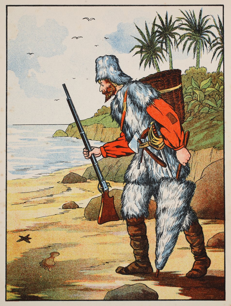 Robinson Crusoe, Illustration aus Die Geschichte von Robinson Crusoe: Eine Adaption für Kinder nach Defoes Sprache, veröffentlicht von Griffith Farran Browne & Co. Limited, London von English School