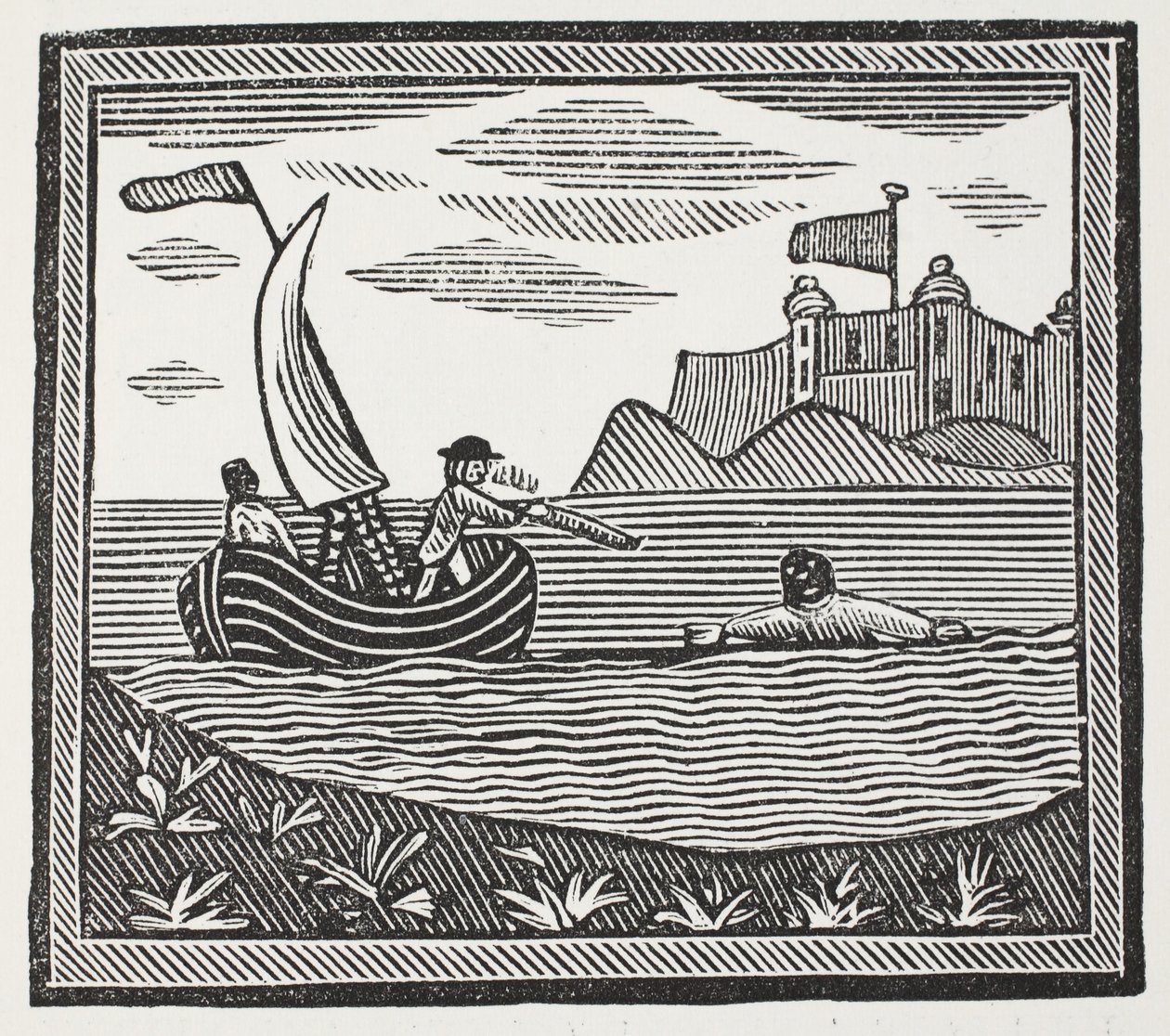 Robinson und Xury entkommen den Mauren, Illustration aus Chap-books des achtzehnten Jahrhunderts von John Ashton, veröffentlicht 1882 von English School