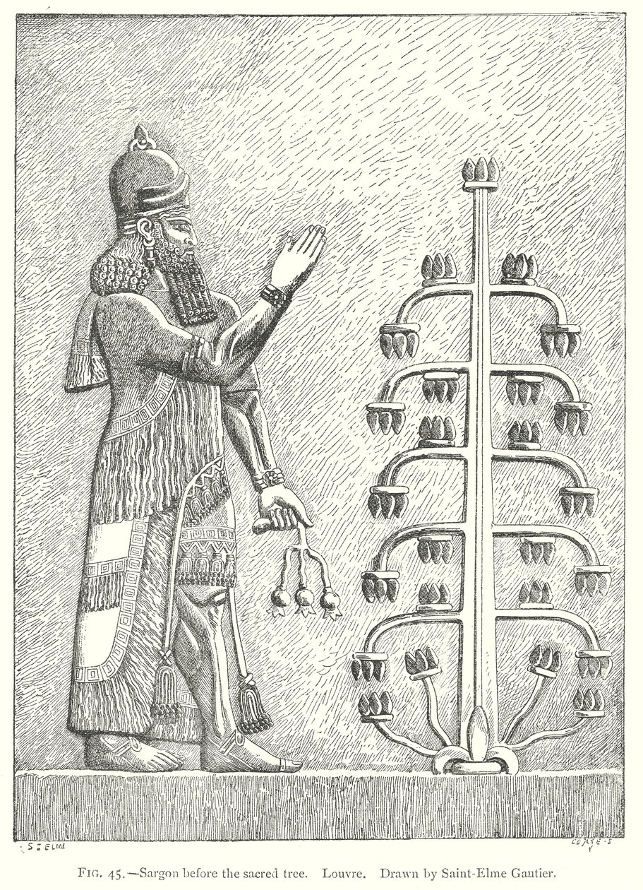 Sargon vor dem heiligen Baum. Louvre (Gravur) von English School