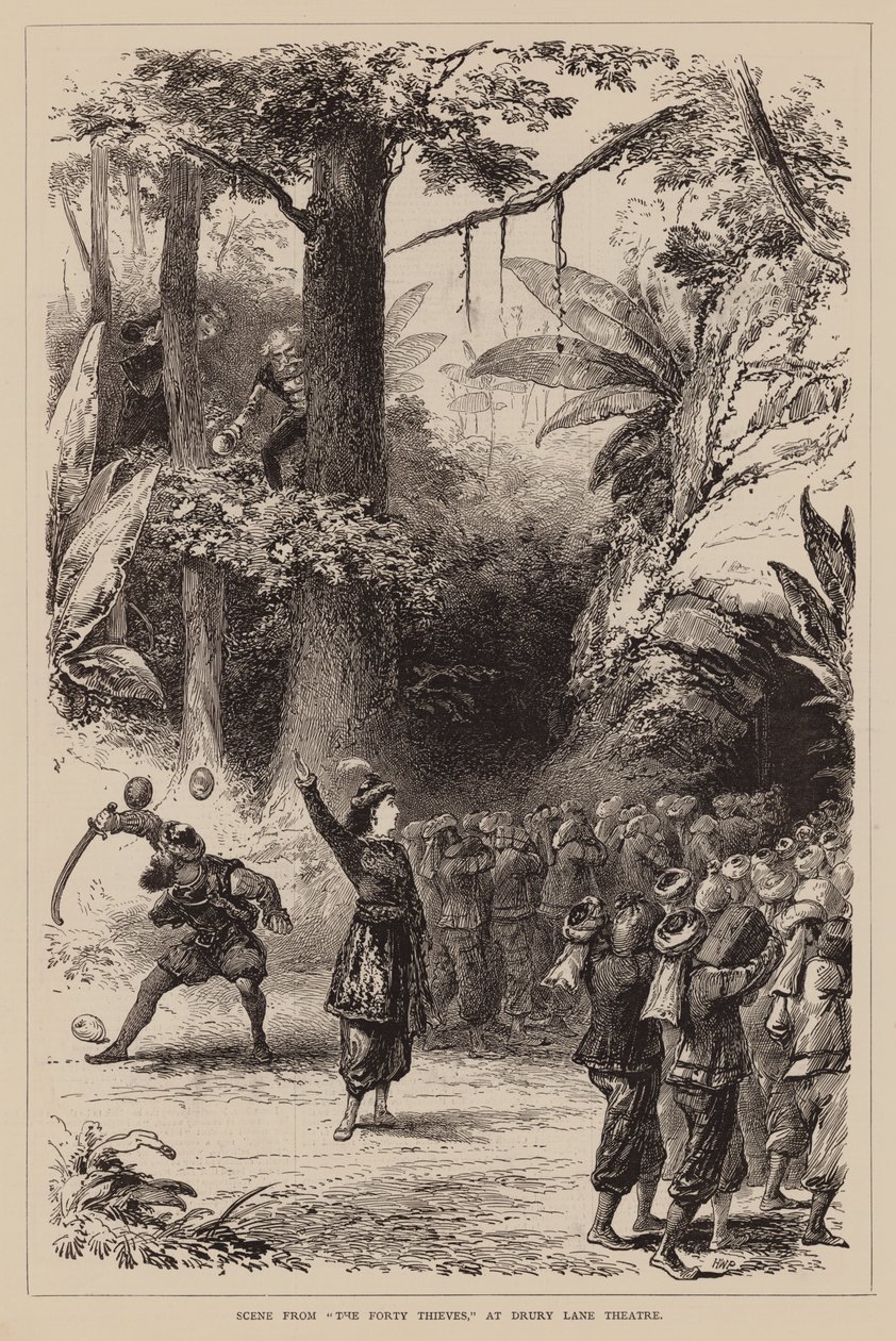 Szene aus "Die vierzig Räuber" im Drury Lane Theatre (Gravur) von English School